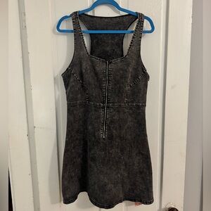 NWT SHEIN Black washed Denim Mini Dress front zipper stretch XL
